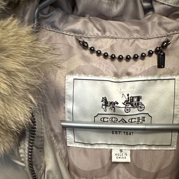 Women's Coach Beige Fur-Trimmed Puffer Jacket - Picture 2 of 11